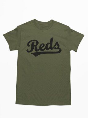 NEW Cincinnati Reds Script Wordmark Home Logo T-Shirt MILITARY ARMY GREEN